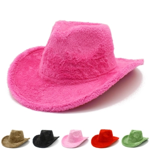 Women Fuzzy Plush Cowboy Hat Western Style Winter Warm Wide Brim Fedora Jazz Hat For Party Outdoor Fashion Accessories