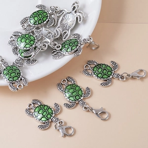 Green enamel turtle pendant with silver lobster clasp for DIY jewelry and keychains