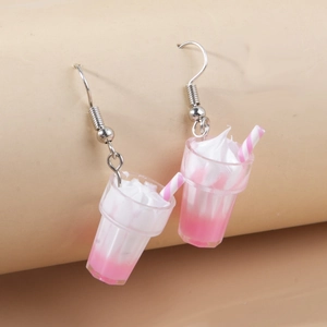 Funny 3D simulation pink milkshake sundae earrings with cream and striped straw decor