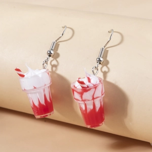 Creative strawberry milkshake cup earrings with resin cream and red striped straw charms