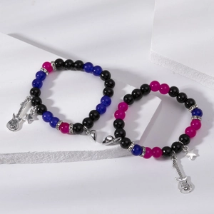 Handmade Magnetic Beaded Couple Bracelet Set With Guitar Heart Star Charms Glass Beads Friendship Bracelets For Men Women