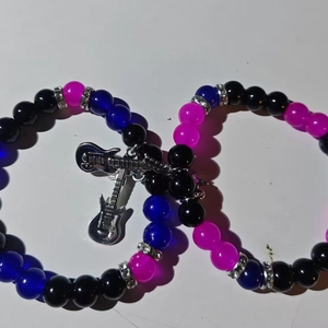 Handmade magnetic guitar heart bracelets with black purple blue beads and silver charms