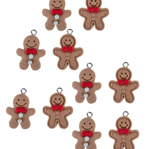 Set of 10 cute resin gingerbread man charms with red bows for DIY jewelry making