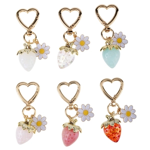 Cute strawberry heart keychains with daisy charms in six colors for bags and keys