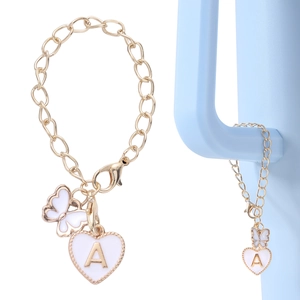 Golden alloy water cup chain with white butterfly and letter A heart pendant charms