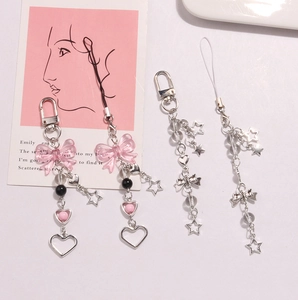 Süße Legierung Schleife Stern Herz Schlüsselanhänger Handykette Rosa Perlen Transparenter Stern Taschenanhänger Damen Mode Accessoires
