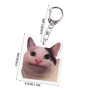 Detailed view of acrylic cat keychain dimensions with a silver metal ring and chain