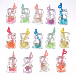 Miniature resin bear straw cup charms in colorful macaron shades for DIY crafts