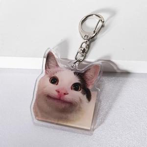 Acrylic Beluga Cat meme keychain with silver lobster clasp on white background