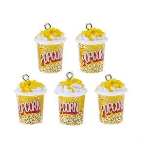 Lot de 5 breloques seau à pop-corn 3D en résine avec texte rouge et anneaux métalliques