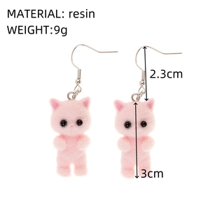 Delicate pink flocked resin cat earrings with silver hooks and 3D plush texture