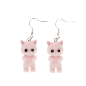 Cute 3D flocked pink kitten drop earrings with silver hooks for a playful feline style