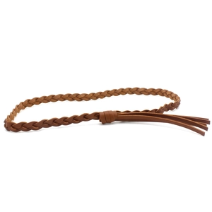 Close-up of brown braided leather hat band with bohemian knot and fringe details