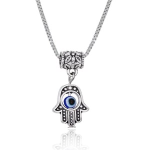 Minimalist Hamsa hand and Evil Eye pendant necklace with vintage silver finish on white background