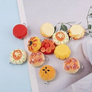 Assorted realistic resin cake and bread pendants with silver rings for DIY jewelry making