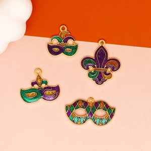 Colorful Mardi Gras mask and Fleur-de-lis charms in purple and green glitter finish