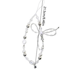 Ciondolo per telefono in cristallo bianco con stelle argentate e fiocco, 21,5 cm