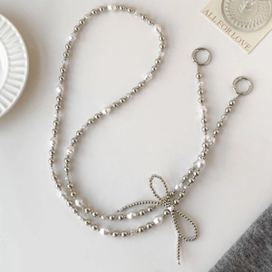 Fashion Crossbody Mobile Phone Lanyard Faux Artificial Pearl Bowknot Beaded Long Chain For Women Plastic Bag Hanging Accessories Decoration