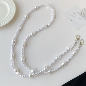 Baroque Irregular Artificial Pearl Crossbody Phone Chain Bag Strap For Women Elegant White Plastic Bead Lanyard Silver Alloy Clasp