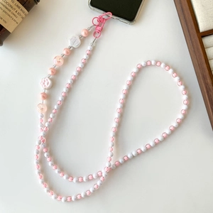 Pink and white beaded long phone strap with acrylic heart and cat paw beads and dual lobster clips