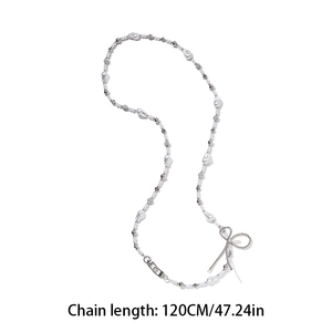 Crossbody pearl phone chain with silk bow pendant and silver beads, 120cm length