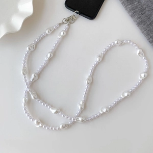 Baroque irregular pearl phone crossbody chain strap with silver metal lobster clasp