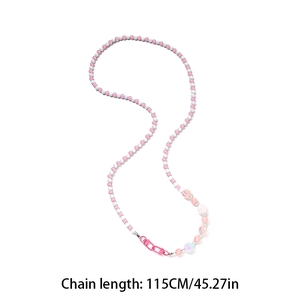 Pink and white beaded long crossbody phone chain with cat paw charms and lobster clasp