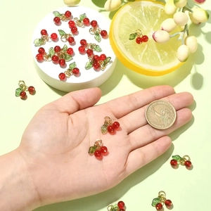 Sweet cherry charm pendant with red beads and green leaves for DIY jewelry making