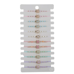 Detailed set of 12 woven bracelets featuring colorful beads and rhinestone sea turtle charms