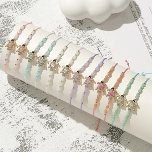Set of 12 turtle charm woven bracelets with multi-color crystal beads and rhinestones