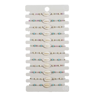 Set de 12 coloridas pulseras tejidas de conchas en tonos macaron con detalles dorados