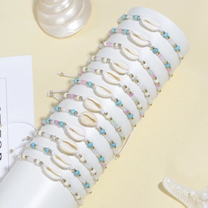 Set de pulseras tejidas ajustables con cuentas de conchas marinas para mujer