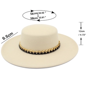 Dettagli dimensionali del cappello beige con tesa di 9,5 cm e altezza di 12 cm