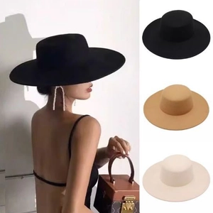 French vintage flat top wool felt fedora with 10cm wide brim in black and beige