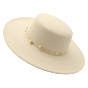 Classic cream wide brim felt fedora with elegant gold metal band and bead detail