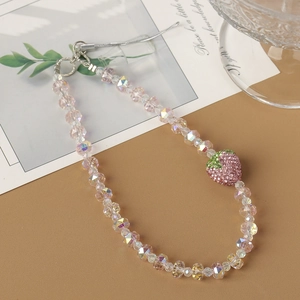 Mignonne Dragonne De Téléphone Perlée De Fraise En Résine Avec Strass Cordon Anti-Perte Porte-Clés Charme De Sac Pour Femmes Accessoire Kawaii