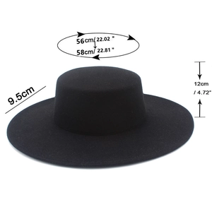 Detailed dimensions of a black wide brim flat top fedora with precise measurements