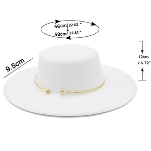 Detailed size specifications for white wide brim wool fedora hat with gold buckle detail