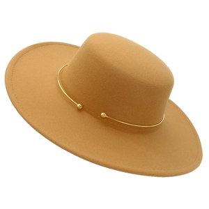 Vintage Flat Top Wide Brim Wool Felt Fedora Hat With Gold Metal Trim Large Brim Boater Jazz Hat For Men Women