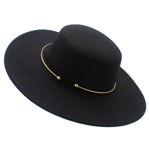 Classic black wide-brimmed flat top felt fedora hat with a polished gold metal band accessory