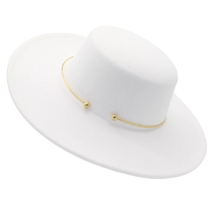 Elegant white flat top wool felt boater hat with a minimalist gold metal band decoration