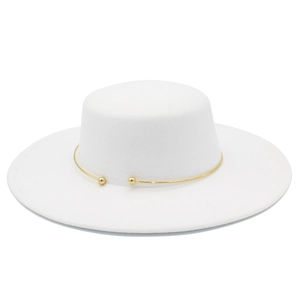 Detailed top view of a white wide-brim felt hat with a minimalist gold metal band