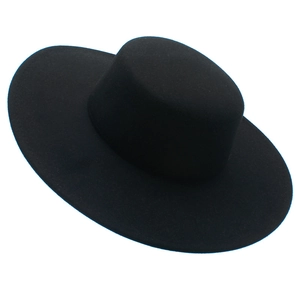 Top-down view of a classic black felt flat top boater hat with a stiff 10cm wide brim