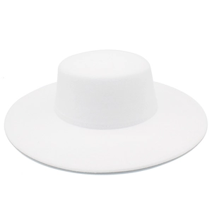 Top-down view showing the flat crown and wide brim of the white felt bolero hat