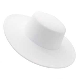 Classic white flat top boater hat with a wide brim in elegant French felt style