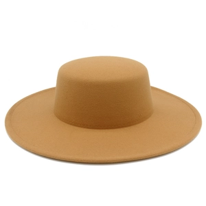 Detailed top view of a classic camel felt boater hat with a flat top and 10cm wide brim