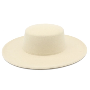 Detailed texture of high-quality felt flat top boater hat in cream white wool