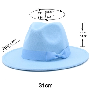 Detailed size chart for light blue wide-brimmed fedora hat with 7cm brim and 12cm height