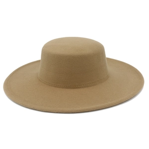 Detail of the stitching on a khaki wool felt boater hat with a wide flat brim