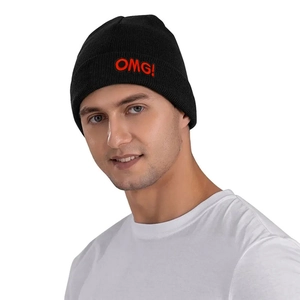 Black ribbed beanie featuring red OMG embroidery for winter warmth and fashion